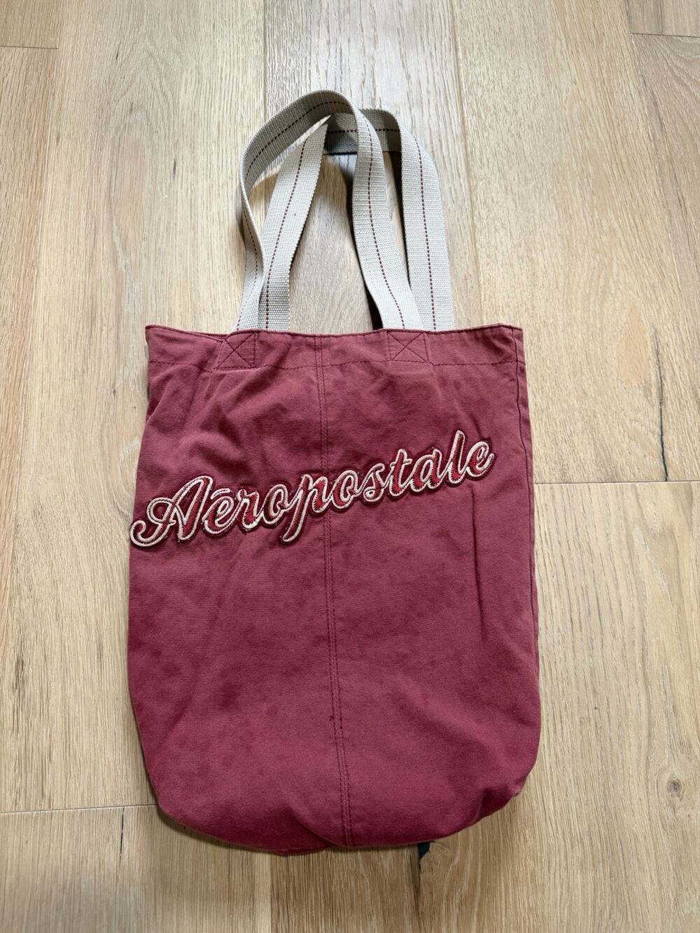 Vintage Aeropostale Canvas Tote Bag Red Wine Burgundy Plaid Lined Pocket Y2K VTG